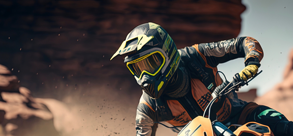 Close Up Of Mountain Motocross Race In Dirt Track In Day Time. Concept Focus Of During An Acceleration In Action Sport Splashing Sand By Ai Generative